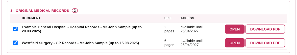 Each record has a tick box, OPEN and DOWNLOAD PDF